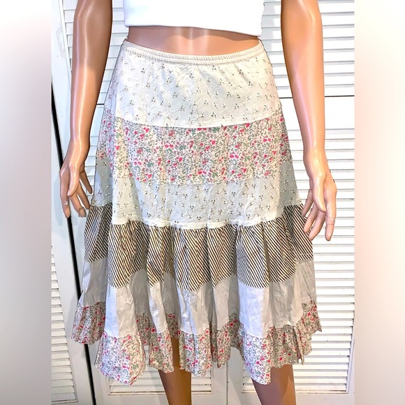 Vintage prairie style skirt eyelet layers size Large pink beige stripes - Picture 1 of 4